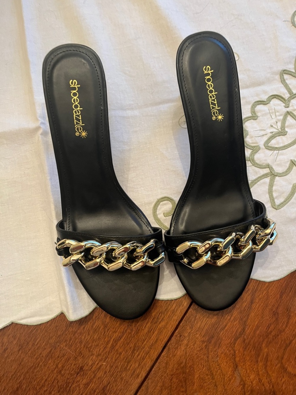 Shoe Dazzle Black Slide Mules with Gold Chain